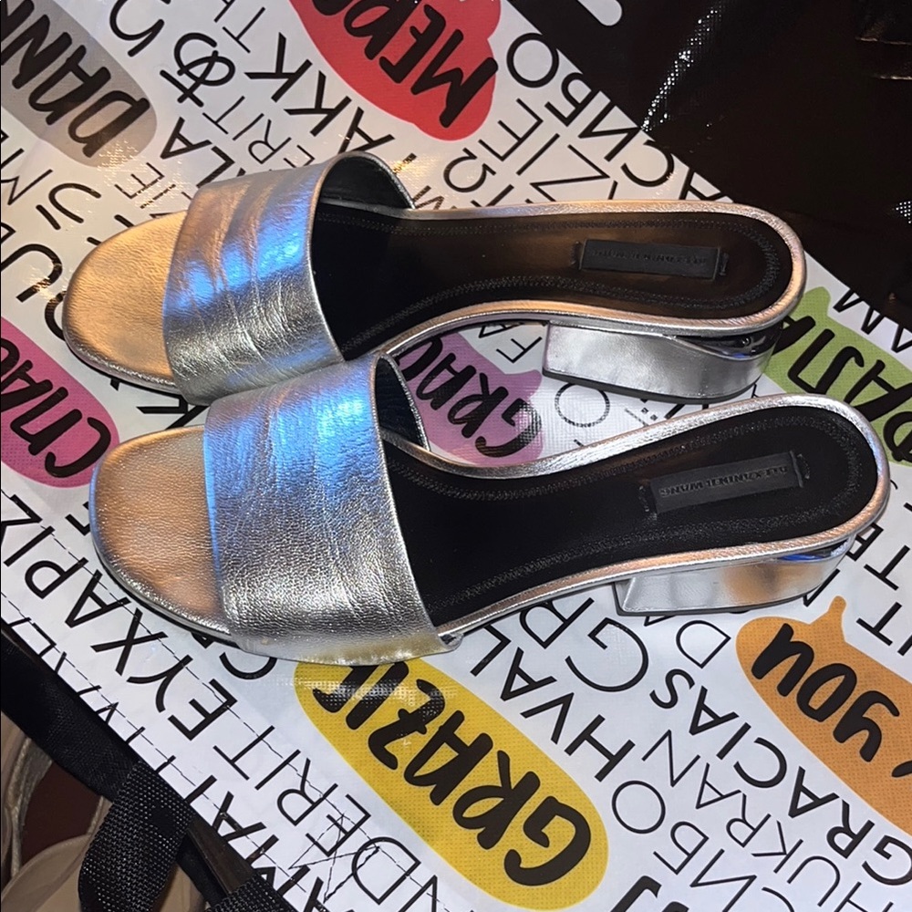 Alexander Wang Silver Slide Sandals Metallic Finish
